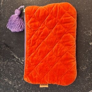 Kip&Co Velvet Quilted Cosmetic Bag with Tassel -Reddish Orange and Purple